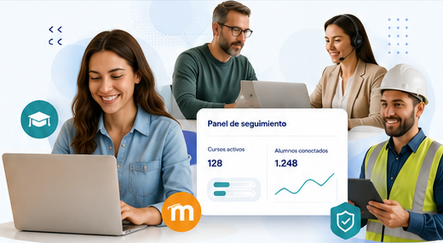 Personas usando una plataforma Moodle en educación, empresa y formación profesional
