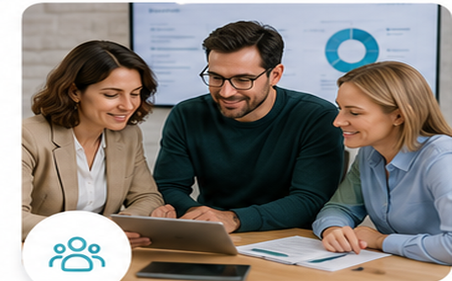 Equipo de consultoría de formación revisando una plataforma